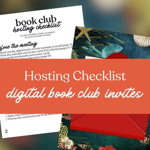 Puede incluir: Una lista de verificaci&oacute;n para organizar una reuni&oacute;n de club de lectura, con el texto "book club hosting checklist". La imagen incluye una lista de verificaci&oacute;n, invitaciones digitales para el club de lectura y un fondo de tema marino.