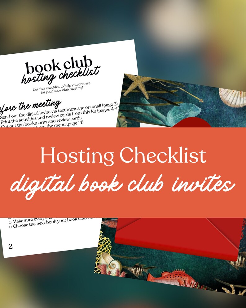 Puede incluir: Una lista de verificaci&oacute;n para organizar una reuni&oacute;n de club de lectura, con el texto "book club hosting checklist". La imagen incluye una lista de verificaci&oacute;n, invitaciones digitales para el club de lectura y un fondo de tema marino.