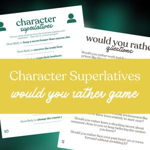 May include: A game with white cards featuring the text "Character Superlatives" and "would you rather game". The cards have questions and prompts in a teal font. The background is a gradient of yellow and green.