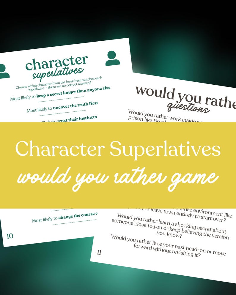 May include: A game with white cards featuring the text "Character Superlatives" and "would you rather game". The cards have questions and prompts in a teal font. The background is a gradient of yellow and green.