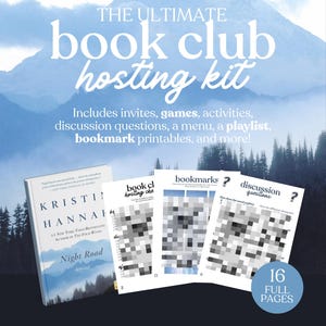 Puede incluir: El kit de alojamiento definitivo para clubes de lectura, que incluye invitaciones, juegos, actividades, preguntas de debate, un men&uacute;, una lista de reproducci&oacute;n y marcadores imprimibles. La imagen muestra un libro, "Night Road" y varios imprimibles. Descarga instant&aacute;nea.