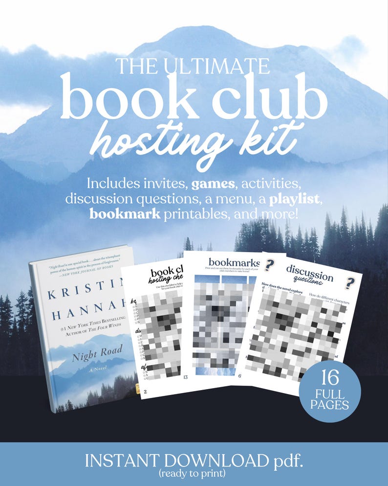 Puede incluir: El kit de alojamiento definitivo para clubes de lectura, que incluye invitaciones, juegos, actividades, preguntas de debate, un men&uacute;, una lista de reproducci&oacute;n y marcadores imprimibles. La imagen muestra un libro, "Night Road" y varios imprimibles. Descarga instant&aacute;nea.