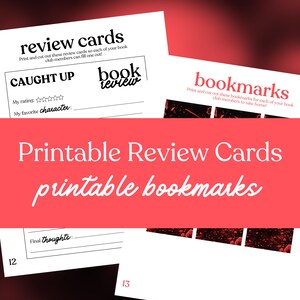 Op de afbeelding: Printbare recensiekaarten en bladwijzers op wit papier. De recensiekaarten bevatten prompts voor beoordeling en favoriete personage. De bladwijzers hebben een rood-zwart ontwerp. De tekst "Printable Review Cards printable bookmarks" staat in het midden.