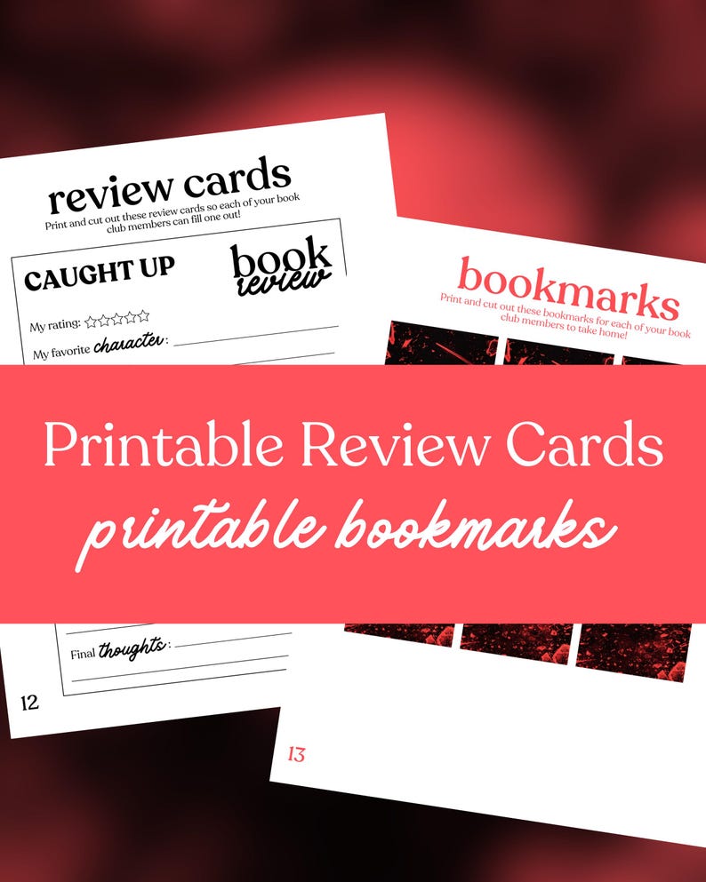 Op de afbeelding: Printbare recensiekaarten en bladwijzers op wit papier. De recensiekaarten bevatten prompts voor beoordeling en favoriete personage. De bladwijzers hebben een rood-zwart ontwerp. De tekst "Printable Review Cards printable bookmarks" staat in het midden.