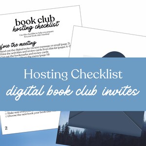 Puede incluir: Una colecci&oacute;n de documentos en papel blanco con texto, incluida una lista de verificaci&oacute;n para organizar un club de lectura. El texto incluye "book club hosting checklist" y "digital book club invites". Una pancarta azul con texto blanco superpone los documentos.