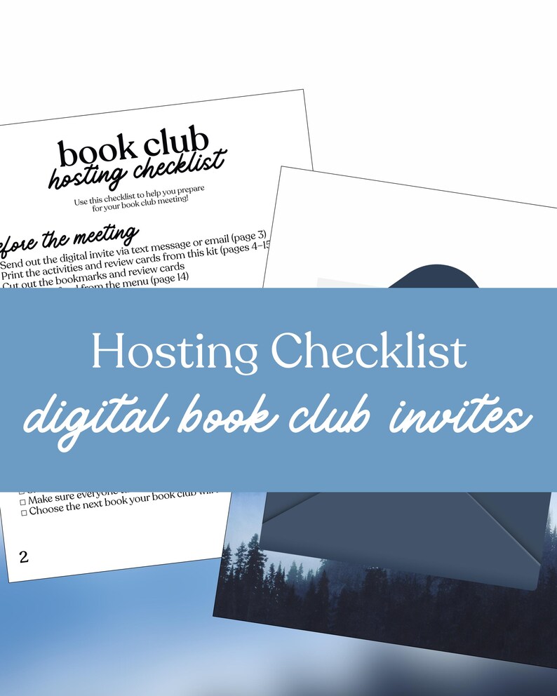 Puede incluir: Una colecci&oacute;n de documentos en papel blanco con texto, incluida una lista de verificaci&oacute;n para organizar un club de lectura. El texto incluye "book club hosting checklist" y "digital book club invites". Una pancarta azul con texto blanco superpone los documentos.