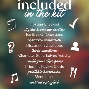 Puede incluir: Gr&aacute;fico promocional con el texto "incluido en el kit" y una lista de recursos para un club de lectura, incluyendo listas de verificaci&oacute;n, invitaciones y preguntas. Fondo borroso de colores con una pancarta roja.