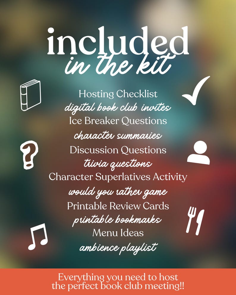 Puede incluir: Gr&aacute;fico promocional con el texto "incluido en el kit" y una lista de recursos para un club de lectura, incluyendo listas de verificaci&oacute;n, invitaciones y preguntas. Fondo borroso de colores con una pancarta roja.
