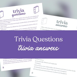 May include: Trivia game cards with questions and answers. The cards have the words "trivia questions" and "trivia answers" in a purple banner. The questions and answers are printed in black text on white cards. The number 8 and 9 are visible.
