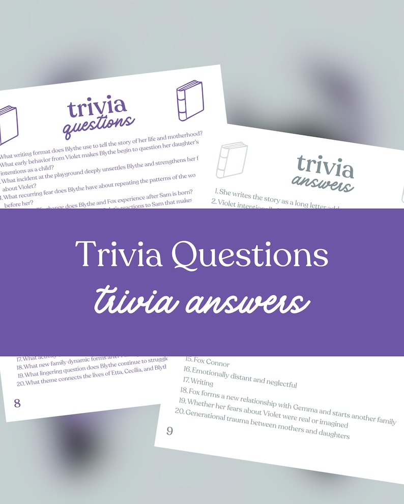 May include: Trivia game cards with questions and answers. The cards have the words "trivia questions" and "trivia answers" in a purple banner. The questions and answers are printed in black text on white cards. The number 8 and 9 are visible.
