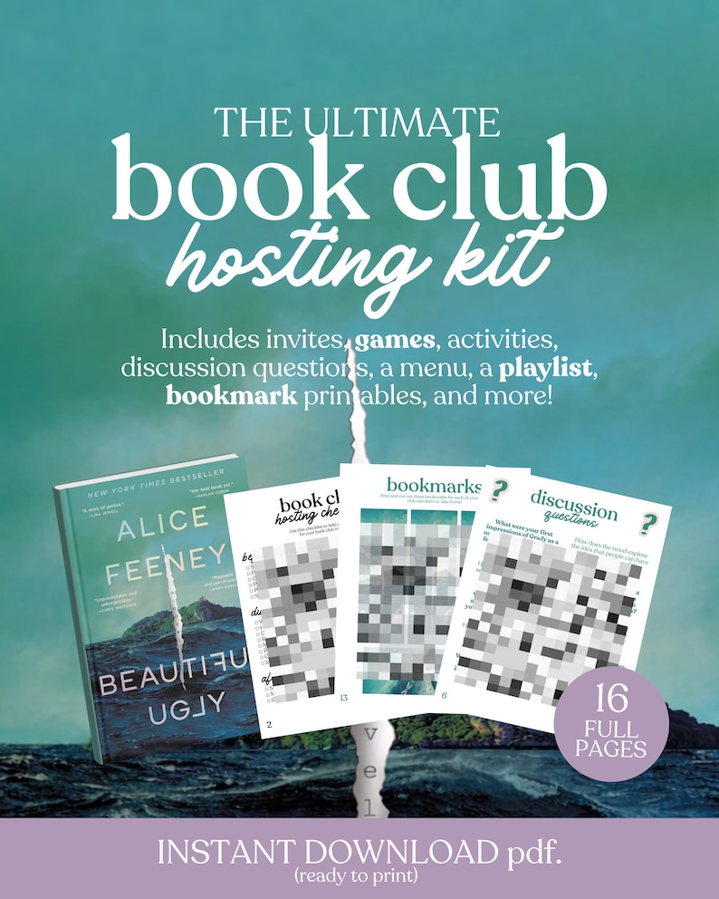 May include: A teal and white graphic promoting a book club hosting kit. The text reads "THE ULTIMATE book club hosting kit" and includes invites, games, activities, discussion questions, and more. A book and printables are also shown.
