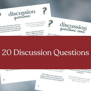 May include: A stack of white cards with discussion questions printed in a dark teal font. The cards have a red banner at the bottom with the text "20 Discussion Questions". The cards are for a book club or literature study.