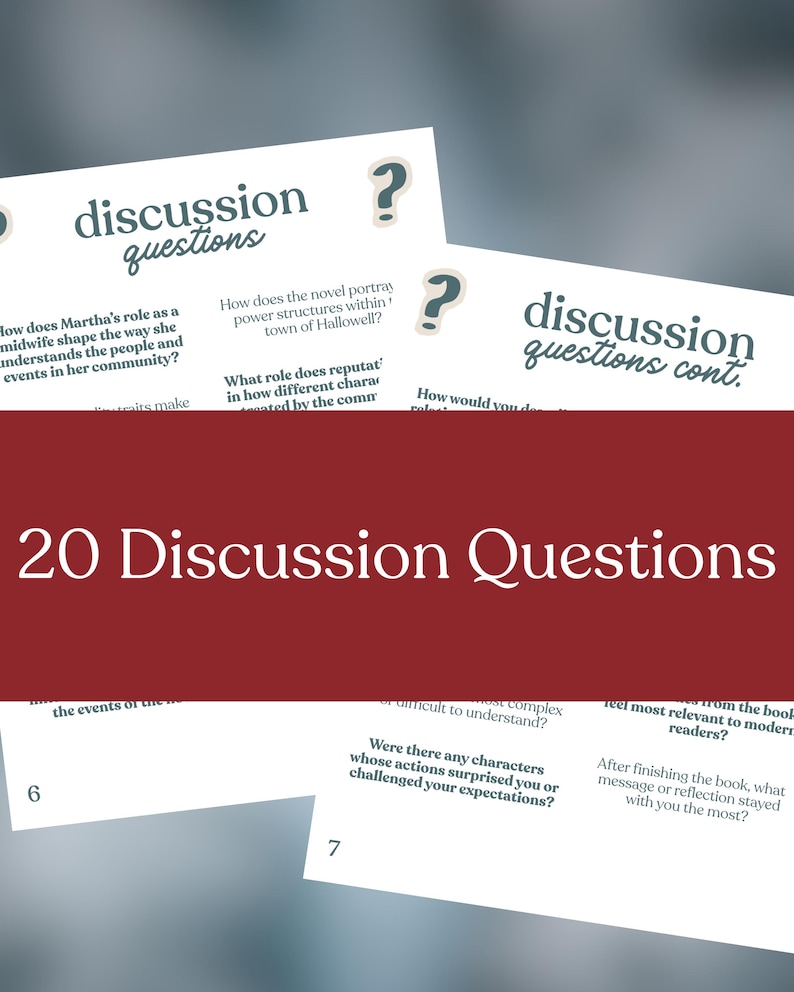 May include: A stack of white cards with discussion questions printed in a dark teal font. The cards have a red banner at the bottom with the text "20 Discussion Questions". The cards are for a book club or literature study.