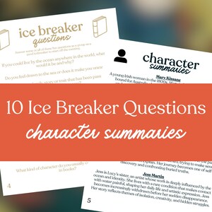 Puede incluir: Un conjunto de tarjetas blancas con texto, incluyendo "ice breaker questions" y "character summaries". Las tarjetas presentan preguntas y res&uacute;menes, con un fondo naranja y el n&uacute;mero 10 en el centro.