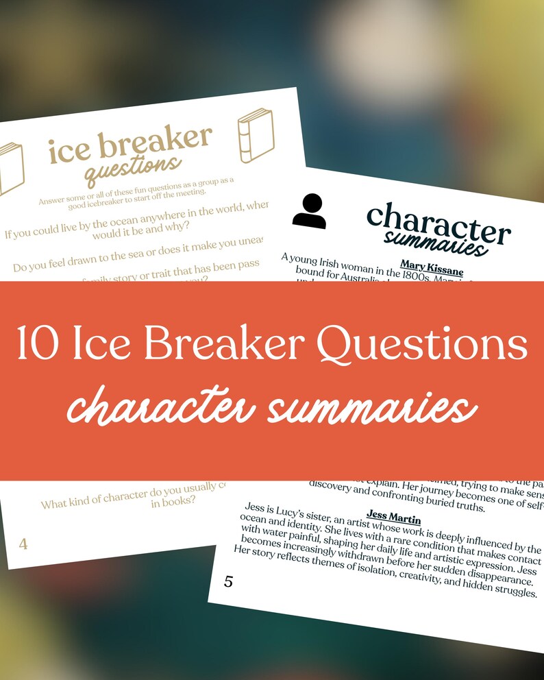 Puede incluir: Un conjunto de tarjetas blancas con texto, incluyendo "ice breaker questions" y "character summaries". Las tarjetas presentan preguntas y res&uacute;menes, con un fondo naranja y el n&uacute;mero 10 en el centro.