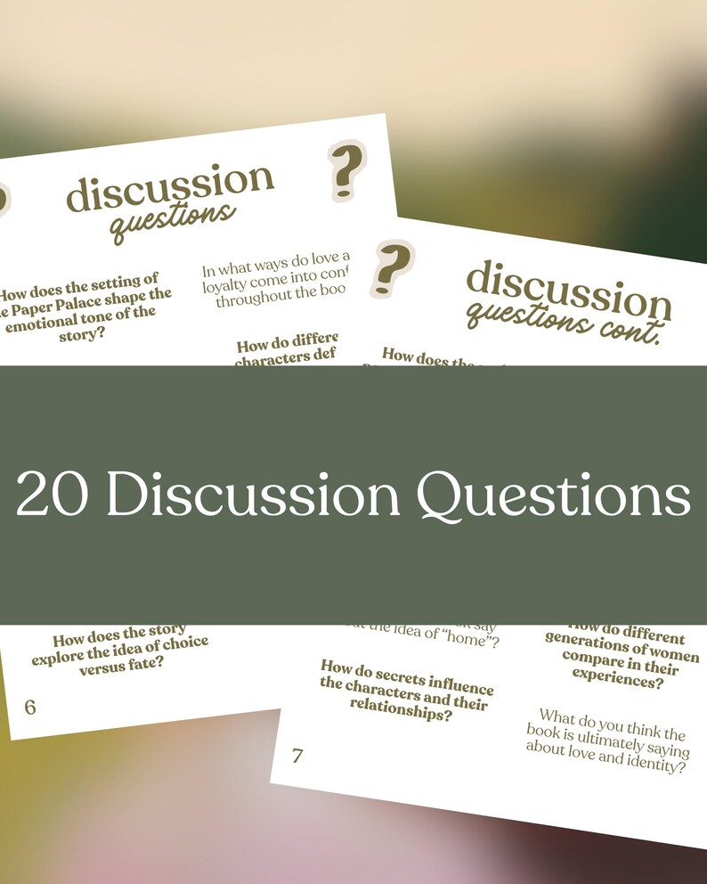 K&ouml;nnte beinhalten: Eine Sammlung von Diskussionskarten mit dem Titel "20 Diskussionsfragen". Die Karten enthalten Fragen zu einem Buch, mit Texten wie "Wie beeinflusst der Schauplatz von The Paper Palace den emotionalen Ton der Geschichte?"