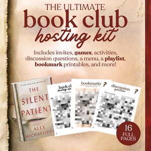 Peut inclure: Un kit d'organisation de club de lecture avec le livre "The Silent Patient" d'Alex Michaelides. Le kit comprend des invitations, des jeux, des activités, des questions de discussion, un menu, une playlist et des signets imprimables. Le texte "16 Full Pages" et "Instant Download pdf."