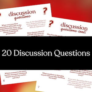 Op de afbeelding: Een verzameling witte kaarten met discussievragen in zwart en rood. De kaarten zijn geplaatst op een rode en zwarte gradi&euml;nt achtergrond. De tekst "20 Discussion Questions" is prominent aanwezig.