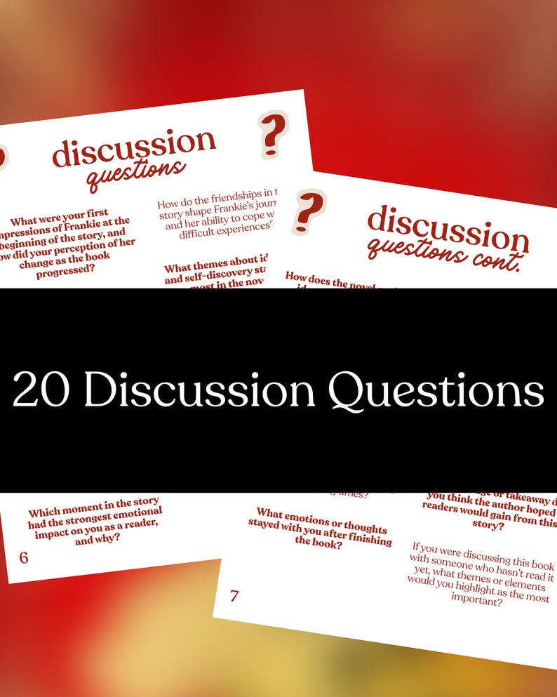 Op de afbeelding: Een verzameling witte kaarten met discussievragen in zwart en rood. De kaarten zijn geplaatst op een rode en zwarte gradi&euml;nt achtergrond. De tekst "20 Discussion Questions" is prominent aanwezig.
