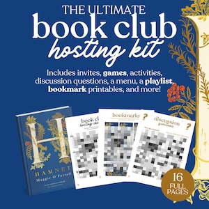 May include: A navy blue book club hosting kit with the text "THE ULTIMATE book club hosting kit." Includes invites, games, activities, discussion questions, a menu, a playlist, and bookmark printables. Also includes a book titled "HAMNET" by Maggie O'Farrell.