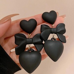 Black Heart Bow Drop Earrings: Gothic Kawaii Statement Jewelry