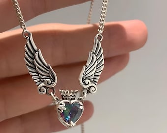 Gothic Angel Wing Heart Necklace: Iridescent Crystal Crown Y2K Jewelry