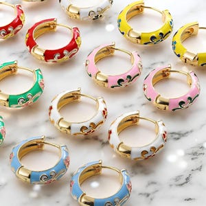 Floral Enamel Hoop Earrings: Gold Retro Boho Statement Jewelry