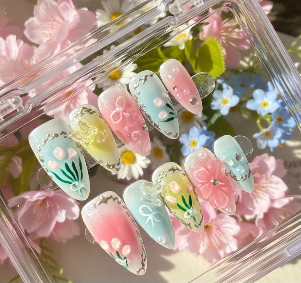 3D Tulip Press on Nails | Pastel Pink Floral Nail Art, Almond - Etsy