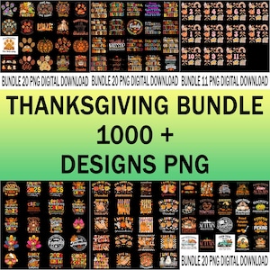 Puede incluir: Un paquete de descarga digital con más de 1000 diseños PNG con temática de Acción de Gracias. La imagen muestra varios gráficos, incluyendo calabazas, pavos y texto con temática de otoño. El texto incluye frases como "Agradecido", "Agradecido" y "Bendecido".