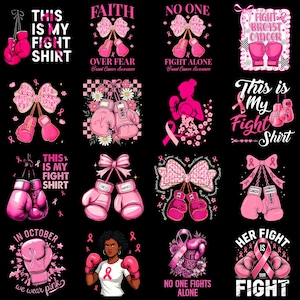 以下が含まれることがあります： 乳がん啓発に関連するテキストを含む、ピンク色のボクシングをテーマにしたグラフィックのコレクション。デザインには、ボクシンググローブ、リボン、「This is My Fight Shirt」や「No One Fights Alone」などのフレーズが含まれています。