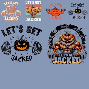 May include: A collection of Halloween-themed graphic designs featuring pumpkins lifting weights. Each design includes the text "LET'S GET JACKED" in various fonts and styles. The pumpkins are orange and black.