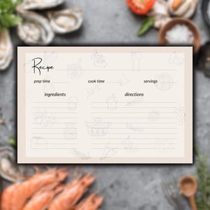 Peut inclure: Une carte de recette beige avec le mot "Recipe" en écriture cursive. La carte comporte des lignes pour le temps de préparation, le temps de cuisson, les ingrédients, les portions et les instructions. La carte est décorée de petits dessins au trait d'aliments.