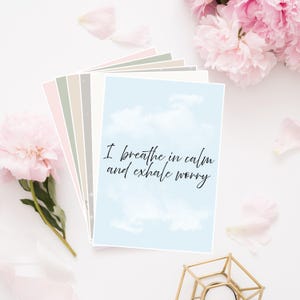 以下が含まれることがあります： 「I breathe in calm and exhale worry」のテキストが書かれた、水色の空と雲のデザインのカードの束。ピンクの花と花びらに囲まれ、隅には金色の幾何学的な装飾品があります。