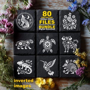May include: A digital download bundle containing 80 PNG, SVG, and DXF files featuring white line art illustrations of animals including a wolf, bird, panther, turtle, bull, axolotl, hummingbird, and armadillo on black square backgrounds.