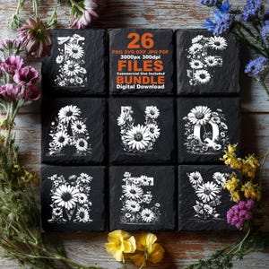 May include: Nine square black slate coasters with white daisy floral letter designs. The letters are A, E, I, M, Q, T, U, V, and Z. The image also includes text that says "26 FILES BUNDLE".