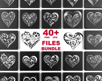 44 coeurs ornés de gravure au laser SVG Bundle | Dessous de verre en ardoise de la Saint-Valentin au format PNG