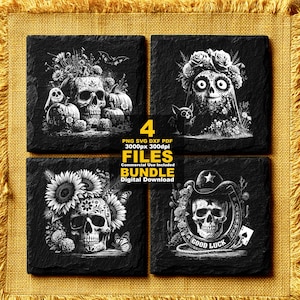 Könnte beinhalten: Set aus vier schwarzen quadratischen Untersetzern mit weißen Totenkopfmotiven. Jeder Untersetzer zeigt ein anderes Totenkopfdesign mit floralen und dekorativen Elementen. Der Text auf dem Bild lautet "4 FILES BUNDLE Digital Download".