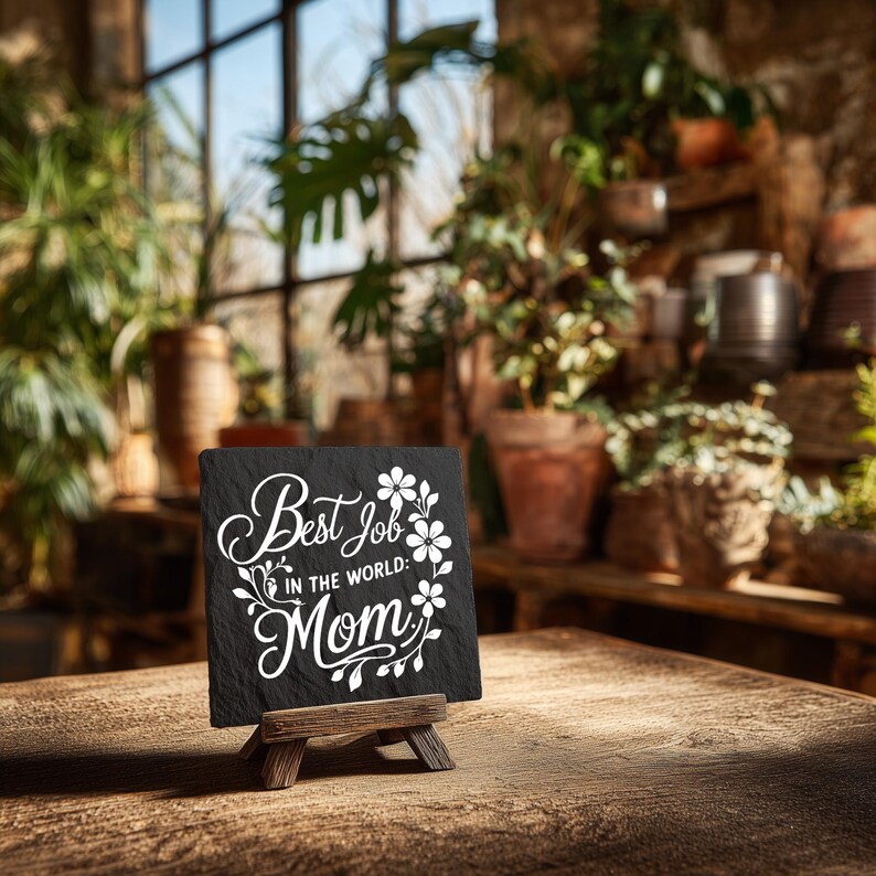 Peut inclure: Une plaque carr&eacute;e en ardoise noire avec le texte imprim&eacute; en blanc Best Job IN THE WORLD: Mom, entour&eacute; d'une couronne florale d&eacute;corative. La plaque est pr&eacute;sent&eacute;e sur un petit chevalet en bois avec une surface en pierre sombre et textur&eacute;e.