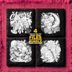 May include: Four black square coasters with white ice cream illustrations. One says "Cheers!" with two ice cream cones. Another says "Summer Scare" with a moon and ice cream. The third says "Ice Cream" with a sundae. The fourth says "Delicious Cream".