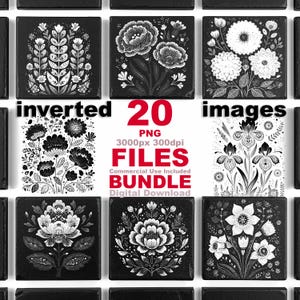 Può includere: Una collezione di immagini floreali quadrate in bianco e nero. Il testo sull'immagine recita "inverted images 20 PNG FILES BUNDLE Digital Download". I disegni floreali includono vari fiori e foglie.