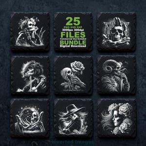 May include: A digital download bundle featuring 25 PNG, SVG, and DXF files with black and white illustrations of skulls, skeletons, flowers, and mystical themes. The text 25 PNG SVG DXF 3000px 300dpi FILES Commercial Use Included Digital Download is visible.