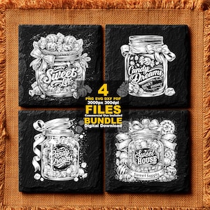 May include: Four black square coasters with white illustrations of candy jars. Each jar is filled with different candies and has a decorative ribbon. Text includes "Sweet Life", "Candy Dreams", "Sweet House", and "Sweet Supply".