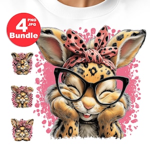 May include: A white t-shirt featuring a cartoon rabbit with a leopard print pattern, wearing black glasses and a pink polka dot headband. The image includes a "4 Bundle" graphic and three smaller rabbit images.