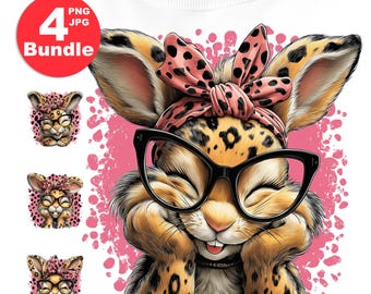 Leopard Bunny PNG with Bow, for Glasses Rabbit Shirt, Watercolor Coquette Art