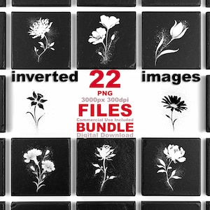 May include: A digital download bundle of 22 inverted PNG images. Each image features a white floral design on a black square. The text "FILES" and "BUNDLE" are also visible.