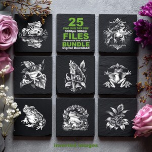 May include: Nine square black coasters with white frog illustrations. The coasters feature various frog designs, including frogs in water, on leaves, and surrounded by foliage. Text on one coaster reads "25 FILES BUNDLE Digital Download".