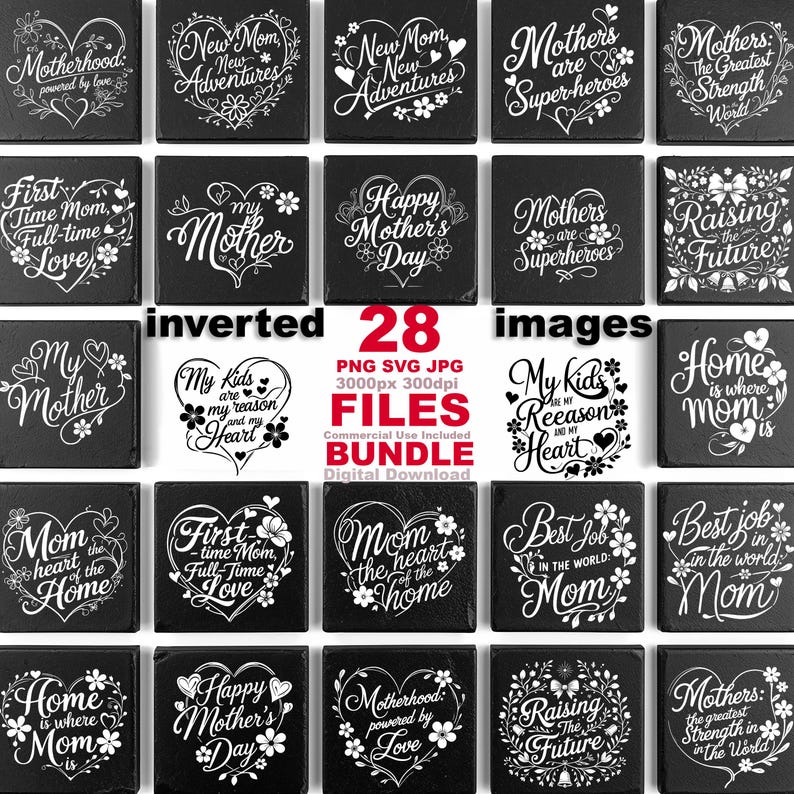Peut inclure: Une collection num&eacute;rique de 28 motifs graphiques en noir et blanc pr&eacute;sentant des ornements floraux en forme de c&oelig;ur et des textes inspirants sur la maternit&eacute;, incluant des phrases comme Motherhood powered by love et Raising the Future.