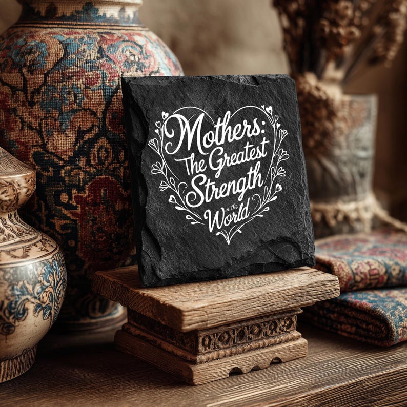 Peut inclure: Une plaque carr&eacute;e en ardoise noire aux bords irr&eacute;guliers et rugueux, orn&eacute;e d'une gravure blanche indiquant : Mothers: The Greatest Strength in the World, entour&eacute;e d'un motif floral en forme de c&oelig;ur, pos&eacute;e sur un petit support en bois.
