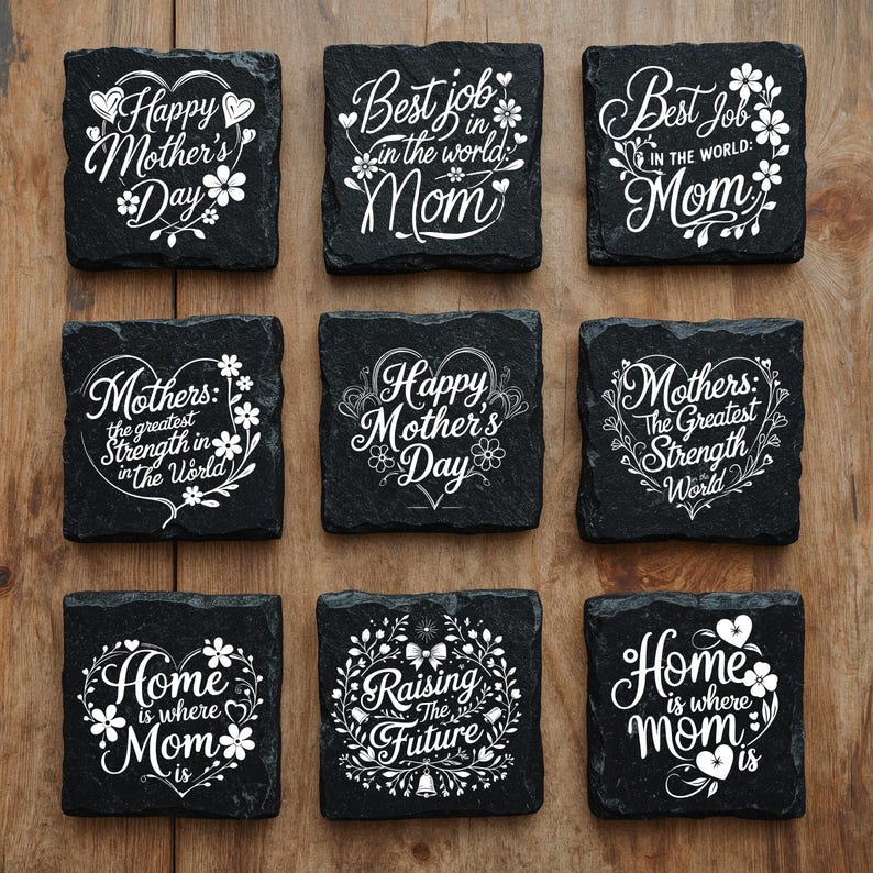 Peut inclure: Neuf dessous de verre carr&eacute;s en ardoise noire avec des textes et des motifs floraux grav&eacute;s en blanc. Les textes incluent des phrases comme Happy Mother's Day, Best job in the world Mom, Mothers the greatest strength in the world, Home is where mom is et Raising the future.