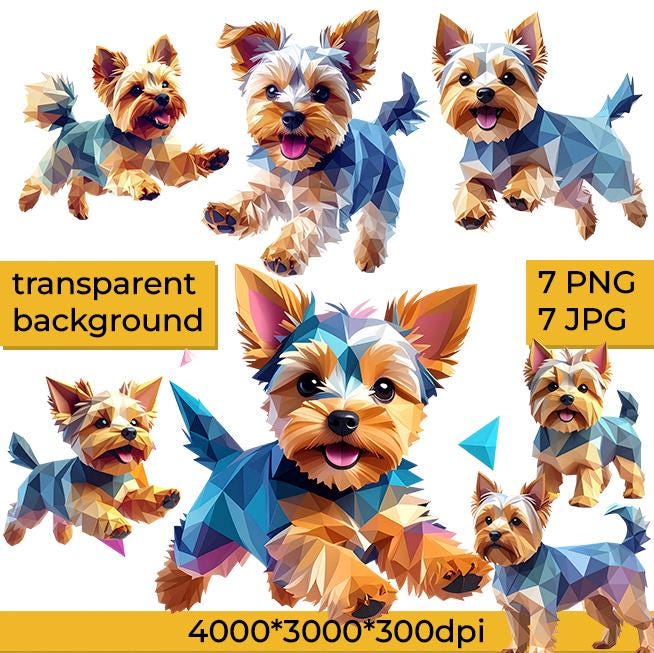 Polygonal Yorkie Clipart Set | 7 PNG Transparent + 7 JPG | Geometric ...